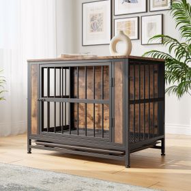 Dog Crate Furniture, Wooden Dog Crate Table, 32.8" Dog Kennel with 2 Sliding Doors and Thick Iron Door Frame (Color: as Pic)